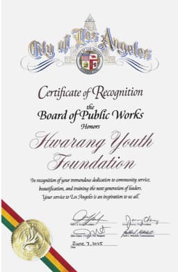 Award or certificate of recognition received by Hwarang Youth Foundation